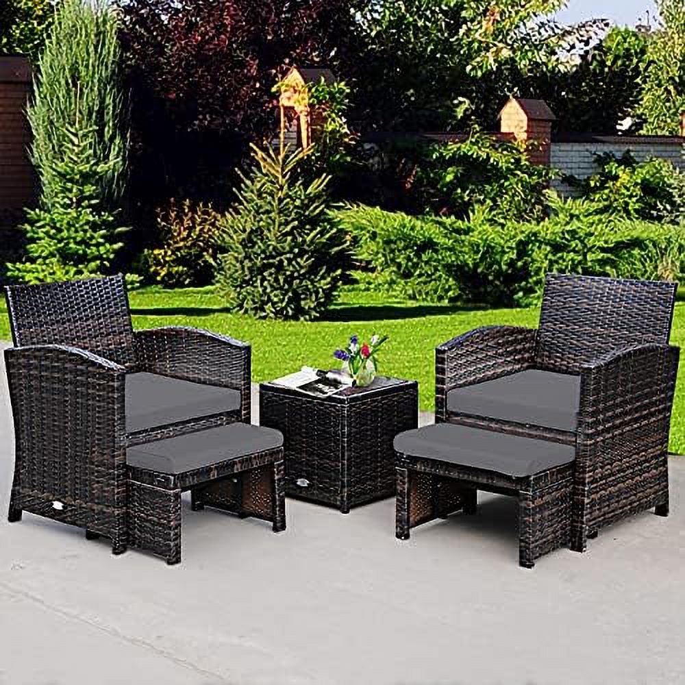 Patio Rattan Conversation Set with Cushioned Chair & Ottoman & Tempered Glass Coffee Table H820