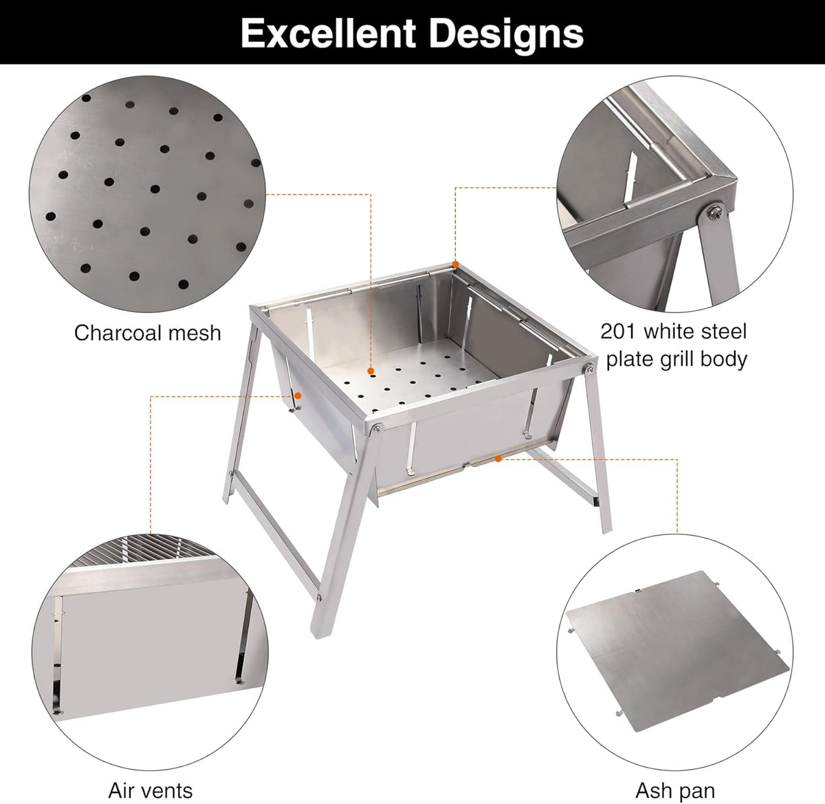 Portable Folding Stainless Steel Charcoal Grill and Fire Pit with Carry Bag I768905