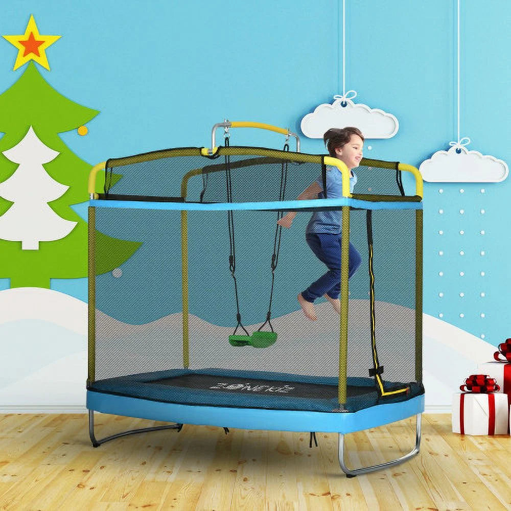 3-in-1 Kids Trampoline with Enclosure, Swing, Gymnastics Bar, Light Blue U439634