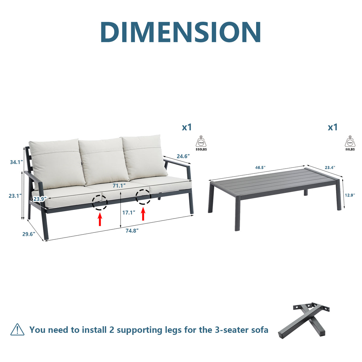Outdoor Sectional Sofa Set 3 Seater Aluminum O792