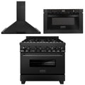 36 in. Dual Fuel Range, Range Hood, Microwave in Black Stainless Steel D258