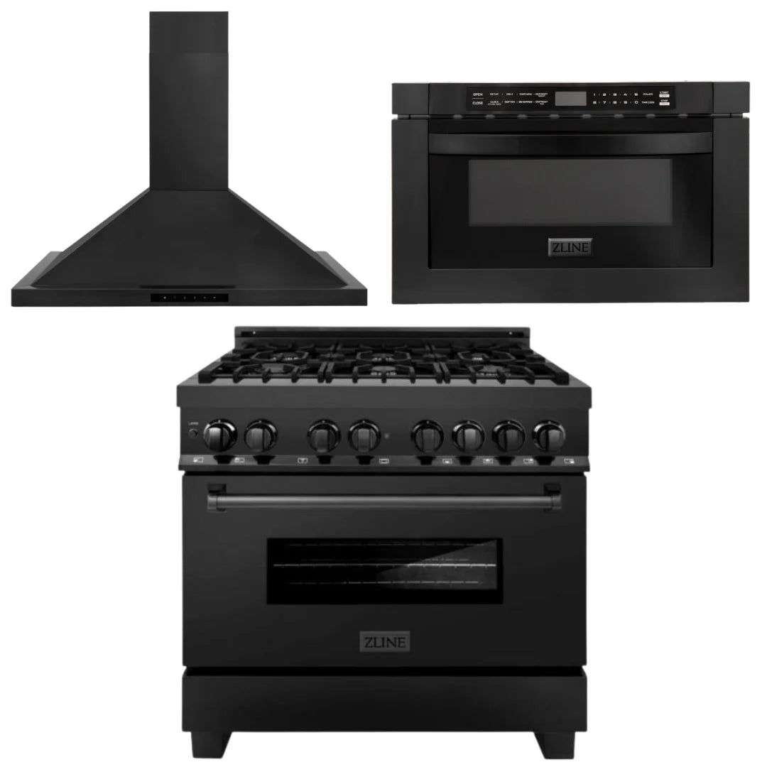 36 in. Dual Fuel Range, Range Hood, Microwave in Black Stainless Steel D258