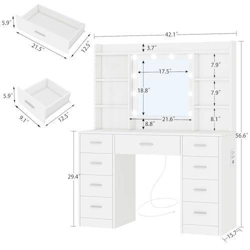 White Vanity Desk with 9 Drawers and Mirror J395