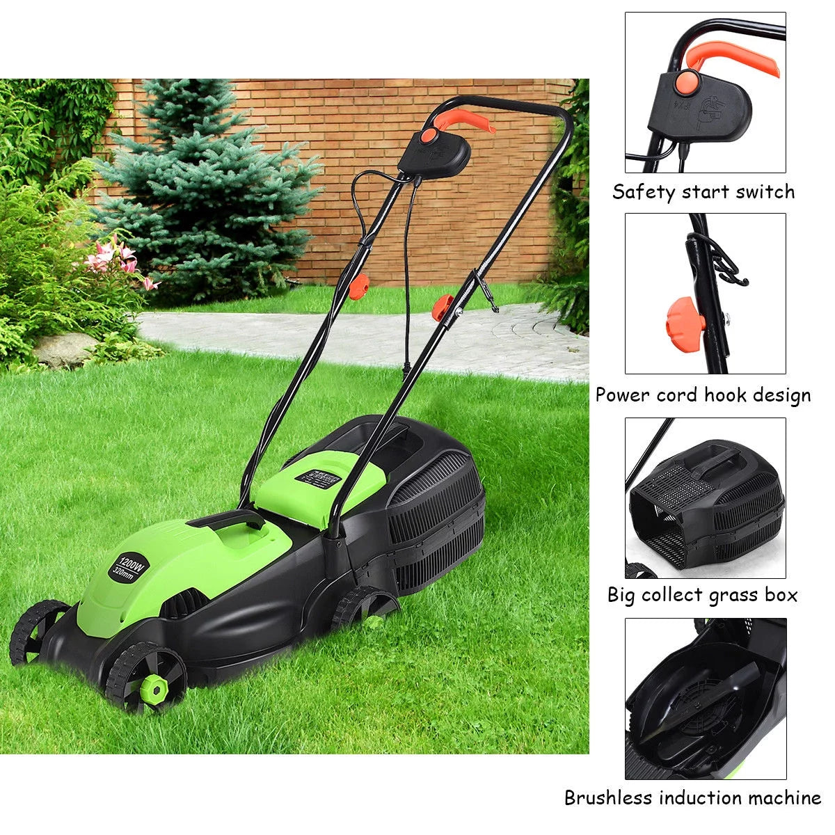 14-Inch Electric Corded Push Lawn Mower with Grass Bag B4923