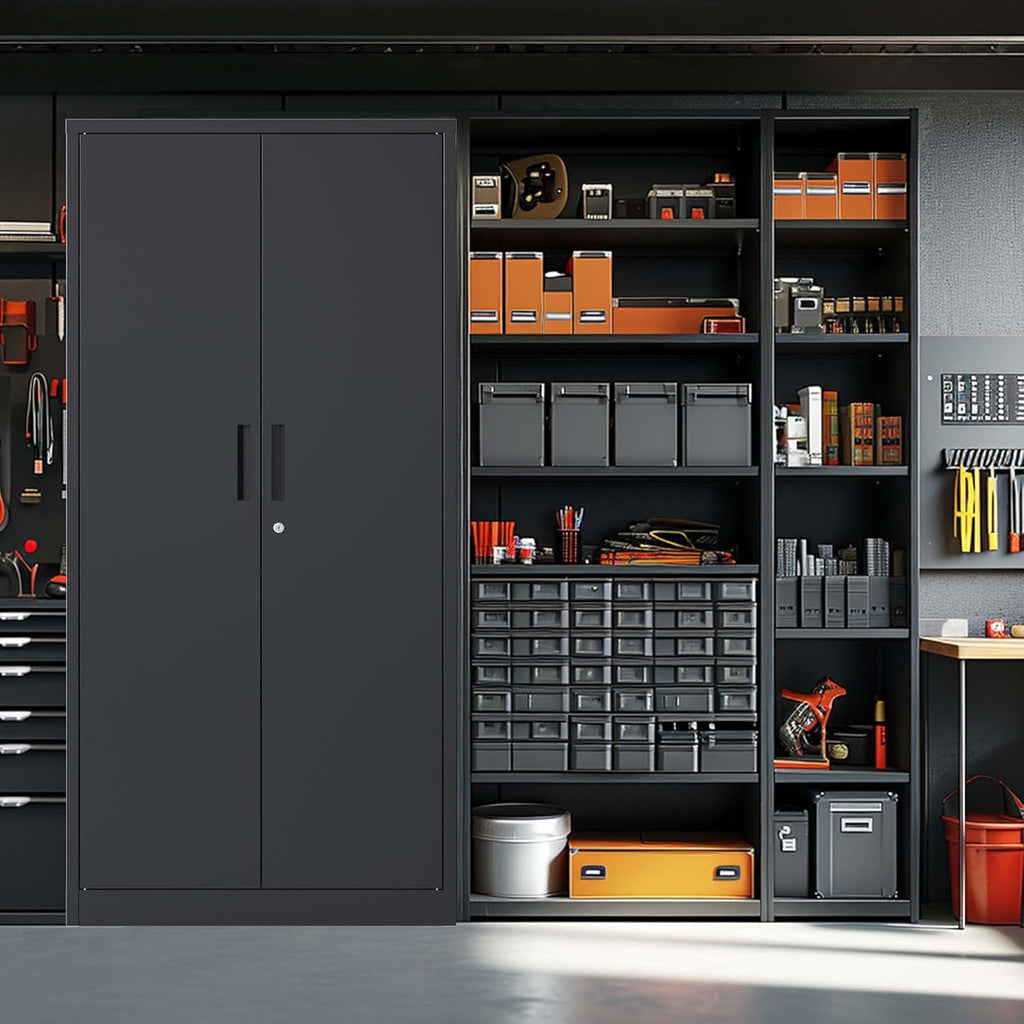 Black Metal Garage Storage Cabinet with Doors and 4 Shelves R4237