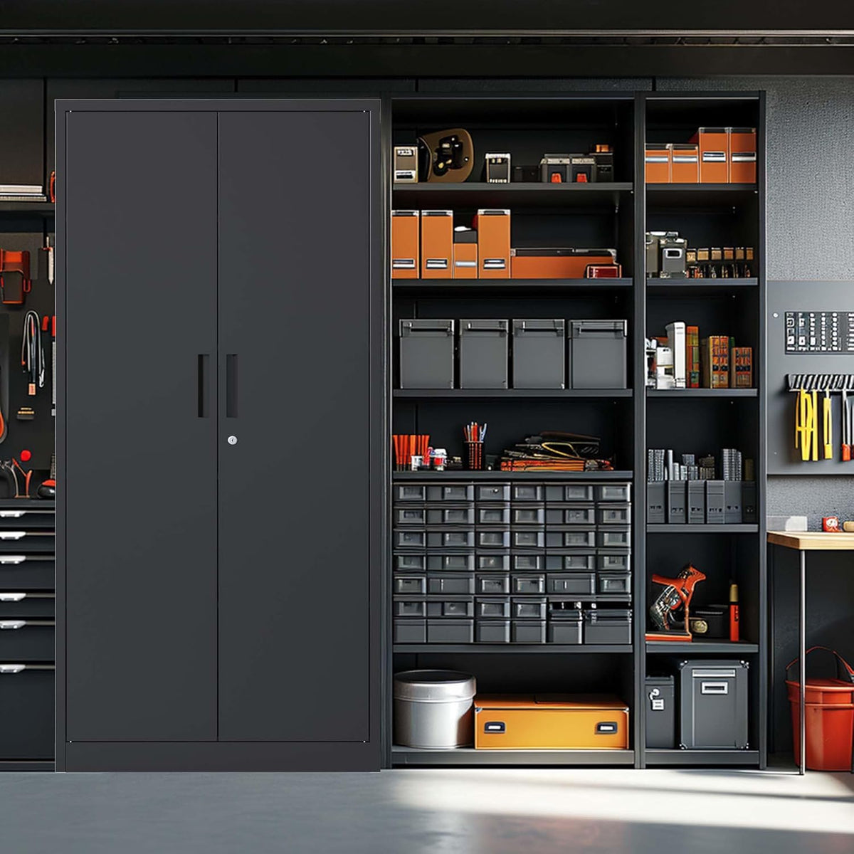 Black Metal Garage Storage Cabinet with Doors and 4 Shelves R4237