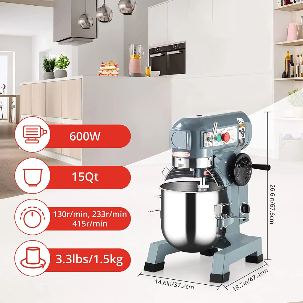 15Qt 600W 3-Speed Commercial Stand Mixer with Stainless Steel Bowl, Dough Hook, Whisk, Safety Guard L444
