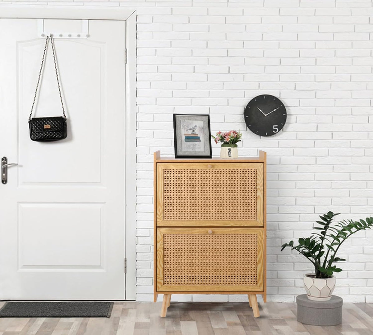Brown Wooden Shoe Storage Cabinet with 2 Flip Drawers Rattan A60382
