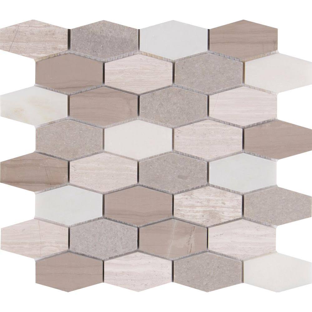Elongated Hexagon Honed Marble Mesh-Mounted Mosaic Tile B181773