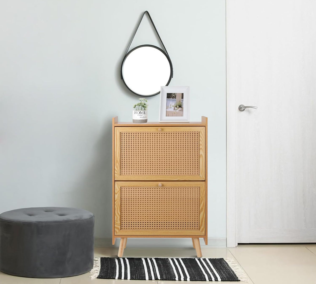 Brown Wooden Shoe Storage Cabinet with 2 Flip Drawers Rattan A60382