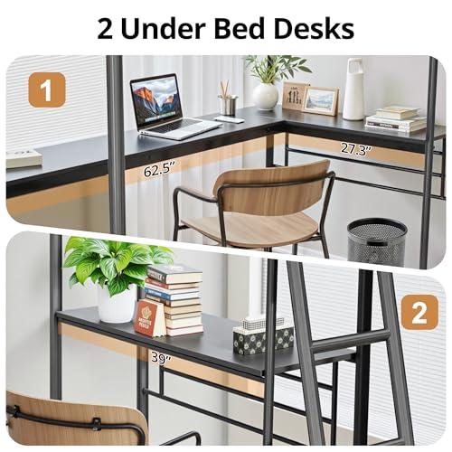 Black Twin Size L-Shaped Metal Loft Bed with 2 Built-in Desks and 2 Ladders Q81447