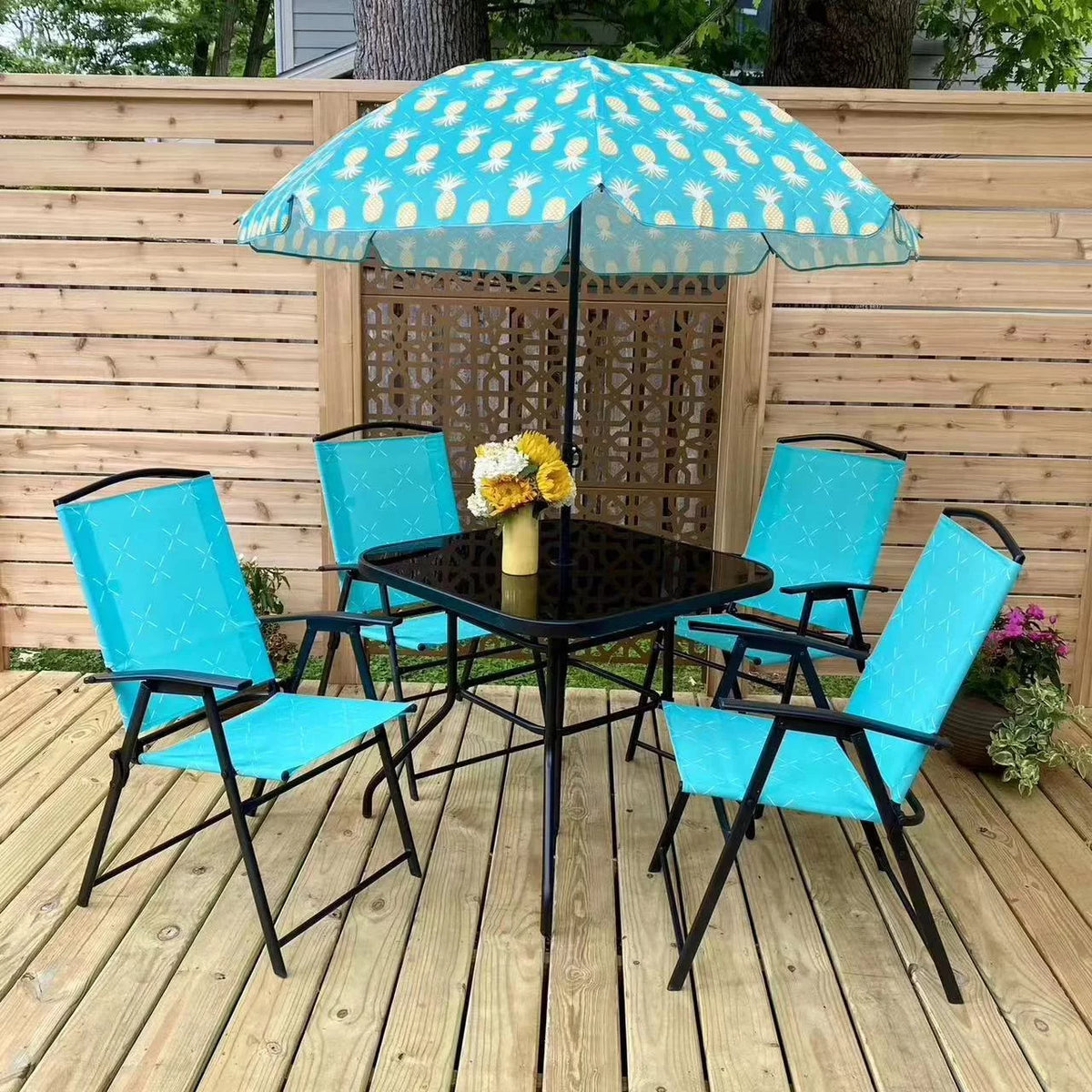 6 Pcs Blue Steel Folding Outdoor Dining Set with Umbrella F89054