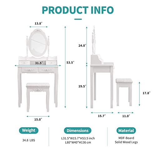 Makeup Vanity Set with Mirror and Stool, 4 Drawers W559