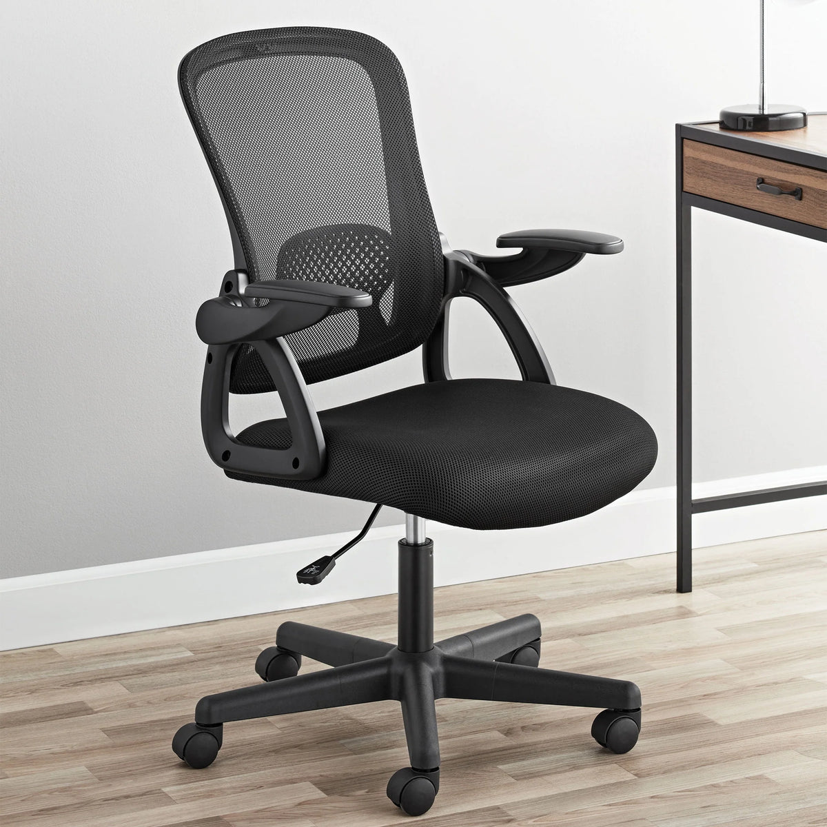 Black Fabric Ergonomic Mesh Back Office Chair with Flip-up Arms R5090