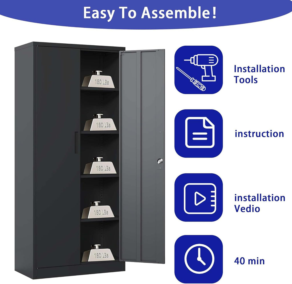 Black Metal Garage Storage Cabinet with Doors and 4 Shelves R4237