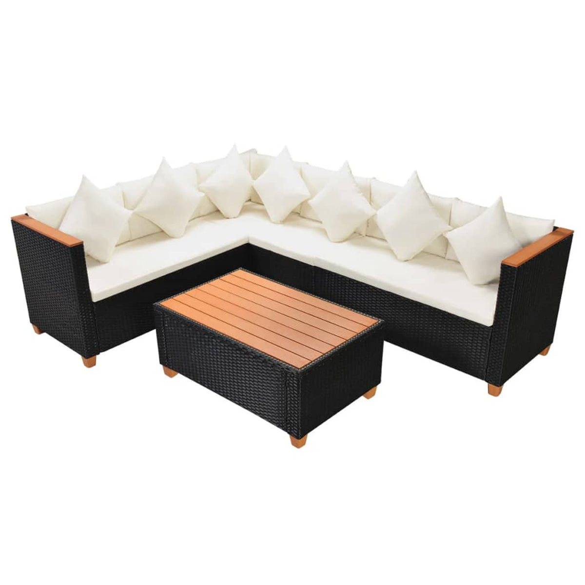 4 Piece Patio Lounge Set with White Cushions Black Poly Rattan 2-Seater Sofas with Corner Sofa and Coffee Table K10866