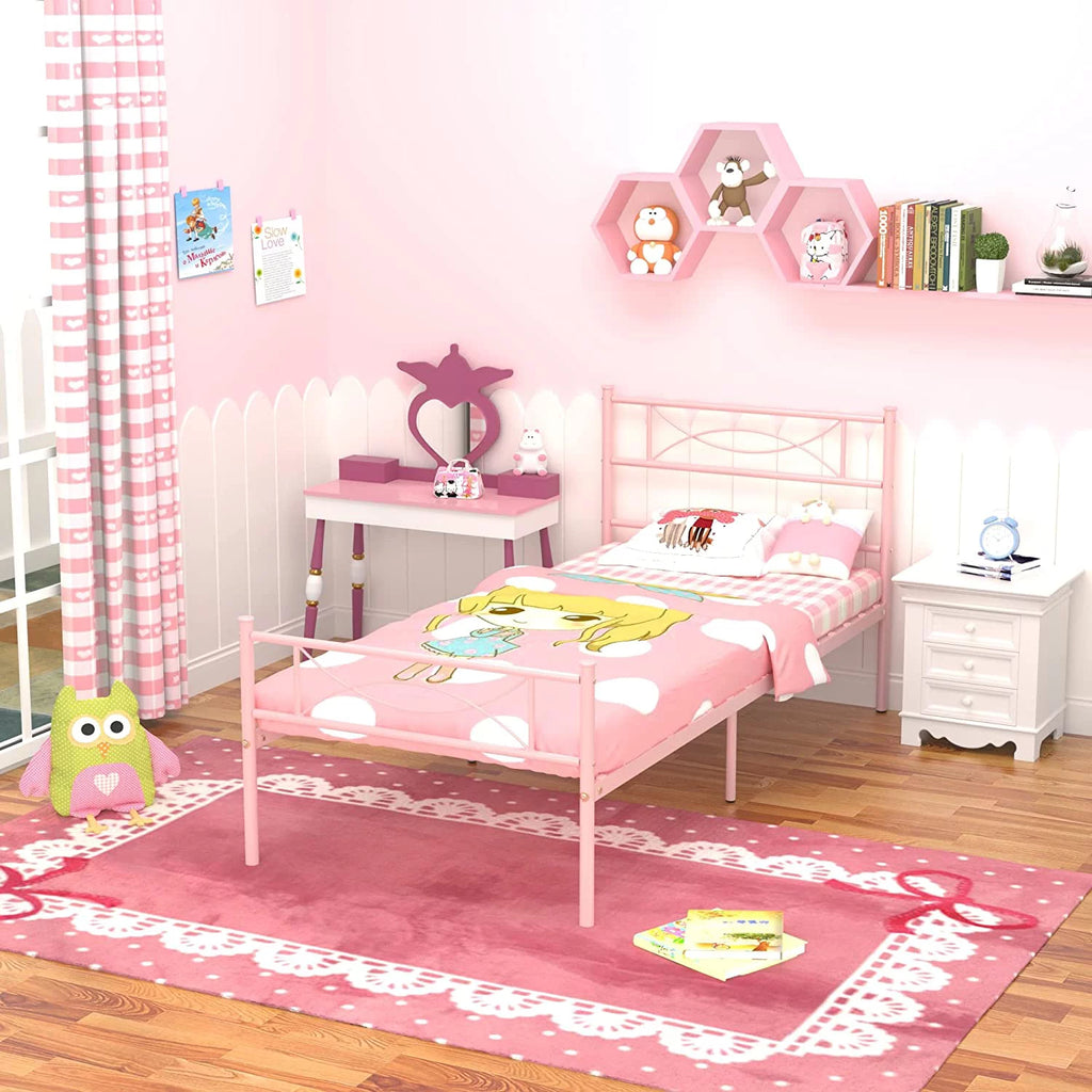 Pink Twin Metal Platform Bed with Headboard and Footboard P4880