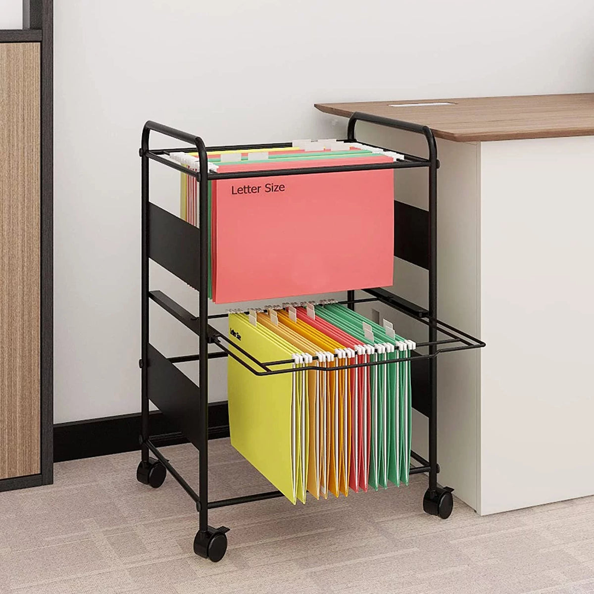 2 Tiers Mobile Metal Pull-Out Filing Cart with wheels, Black H7870