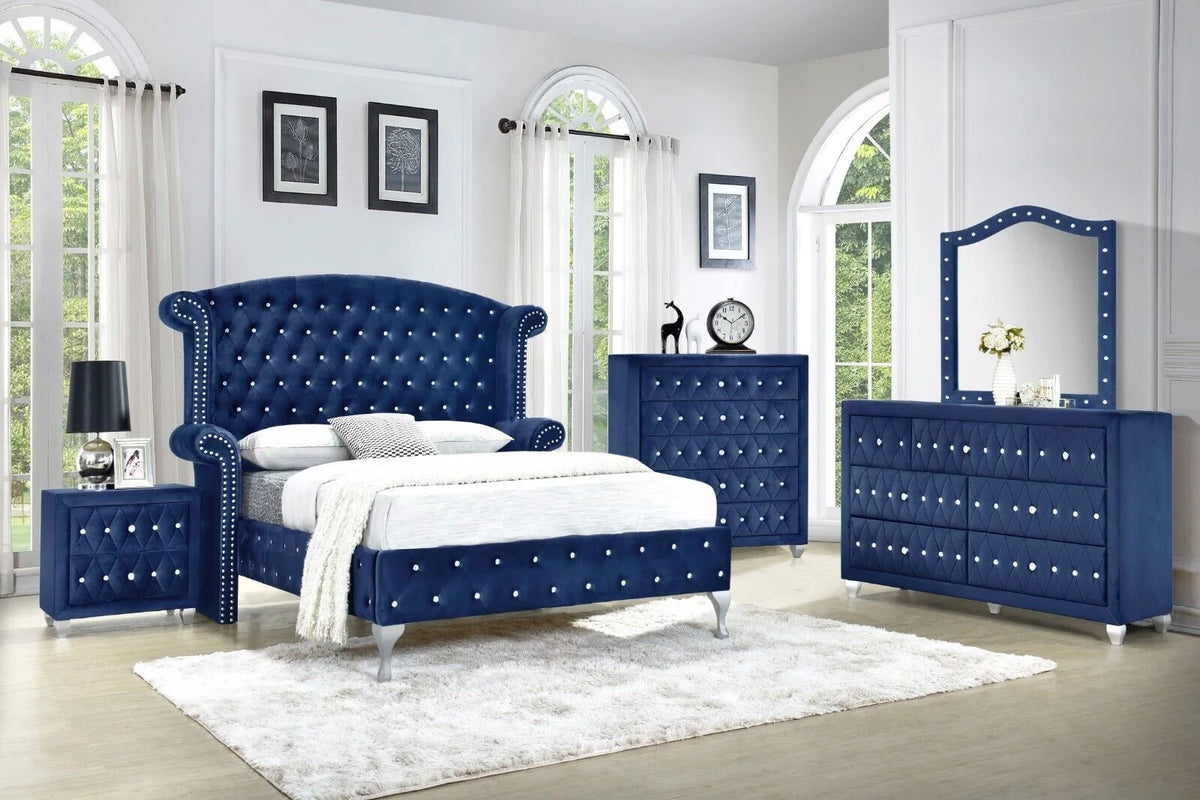 Blue Velvet 6Pc King Size Bed Dresser Mirror Nightstand Chest Set U292555