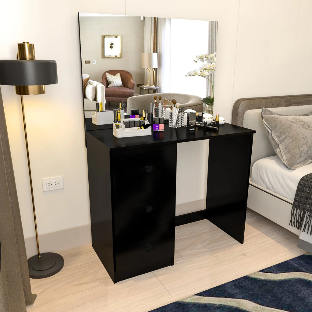 Black 3 Drawer Vanity Table with Mirror B8512