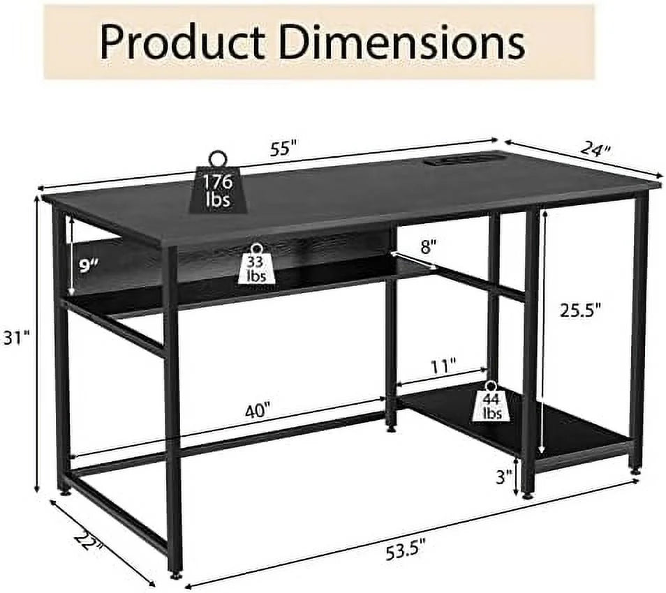 55 Inch Computer Desk with 4 Power Outlets & 2 USB Ports T1643