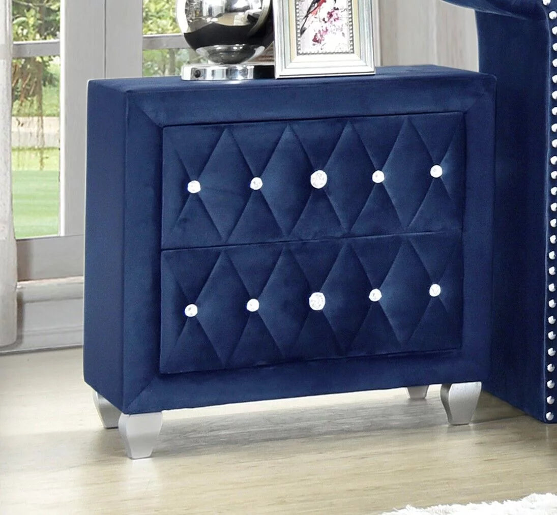 Blue Velvet 6Pc King Size Bed Dresser Mirror Nightstand Chest Set U292555