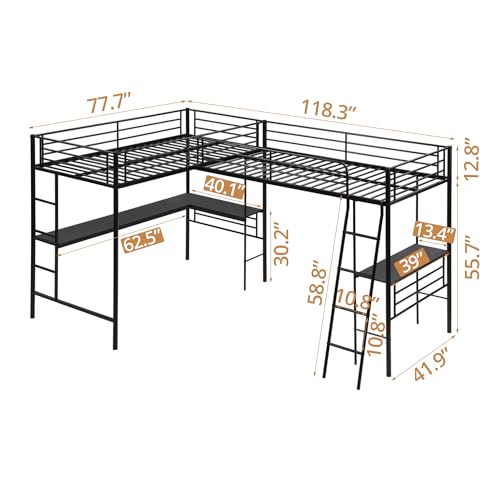 Black Twin Size L-Shaped Metal Loft Bed with 2 Built-in Desks and 2 Ladders Q81447