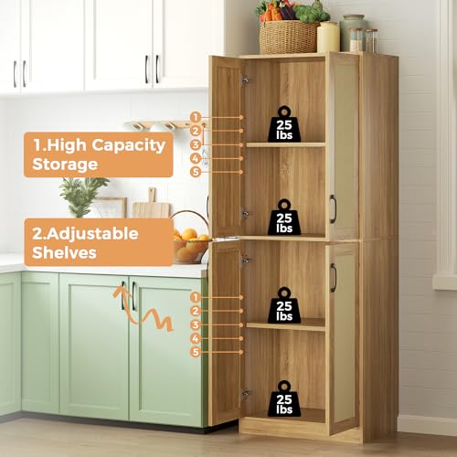 67" Tall Oak Rattan Storage Cabinet with Doors and Adjustable Shelves N807223