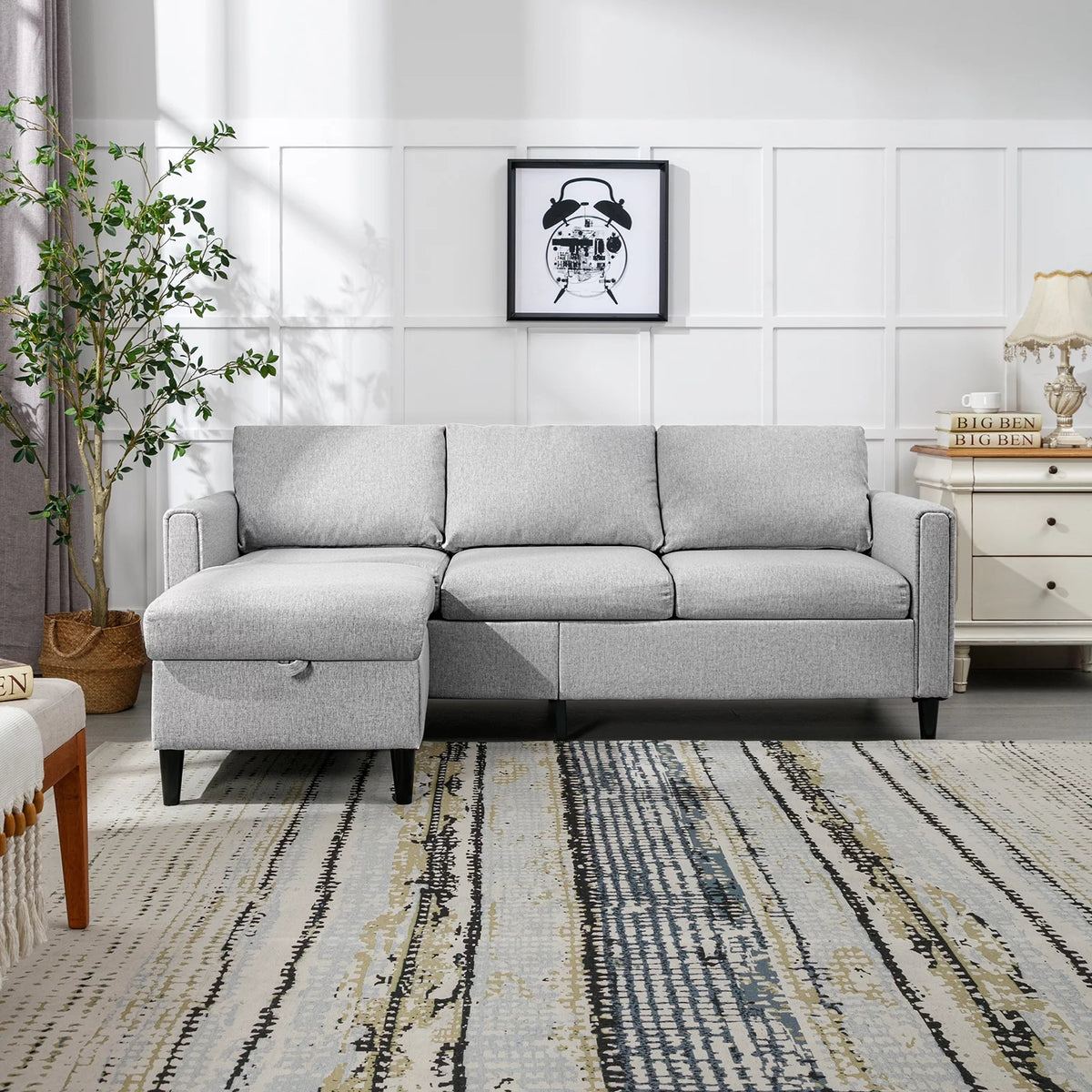 Small Sectional Sofa 3 Seater with Storage Ottoman Light Grey B650