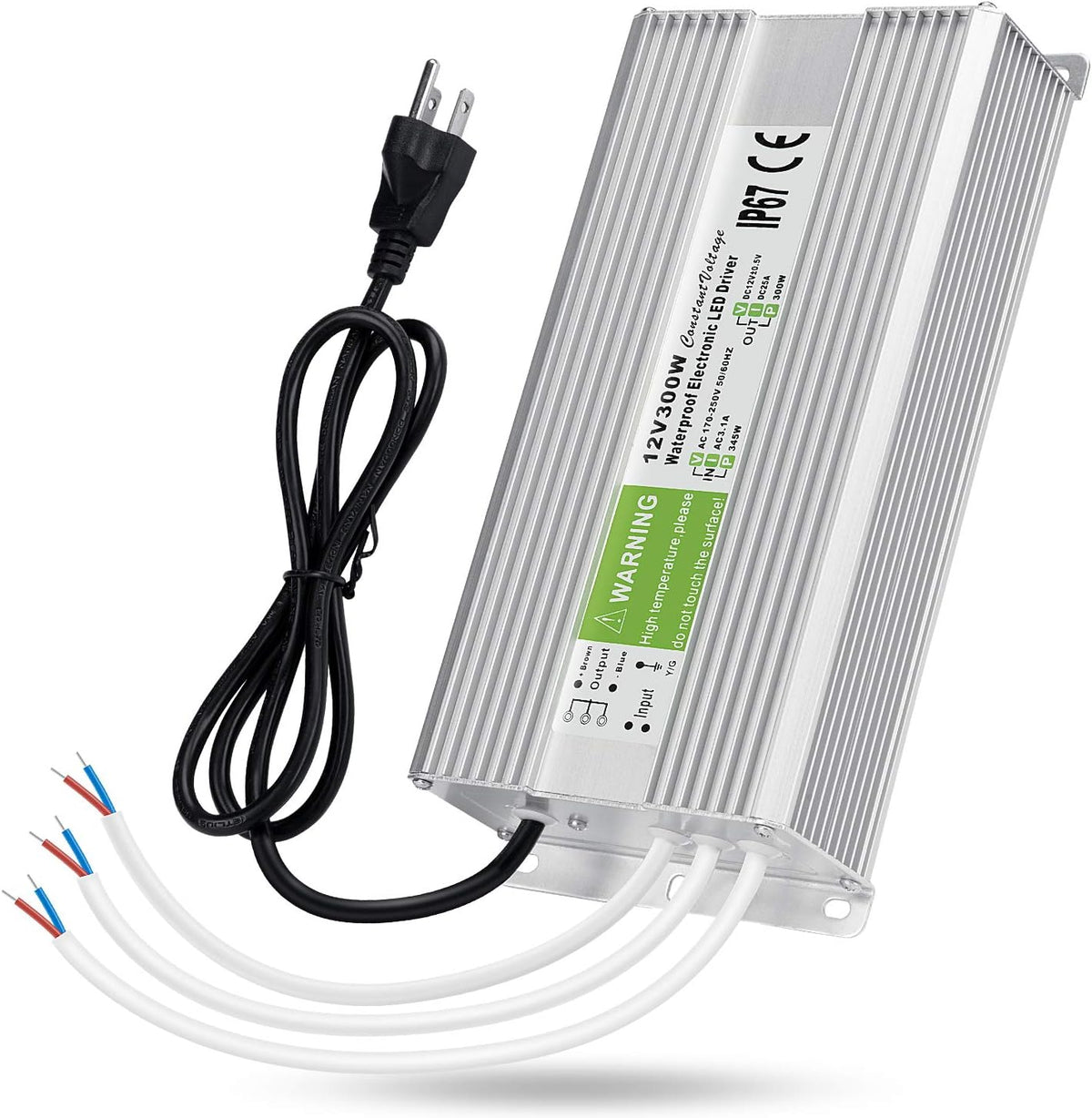 5 Pack Waterproof IP67 LED Power Supply Driver Transformer 300W 110V AC to 12V DC Low Voltage Output with 3-Prong Plug 3.3 Feet Cable T987