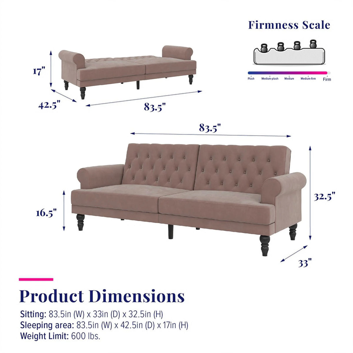 Blush Velvet Upholstered Futon P391