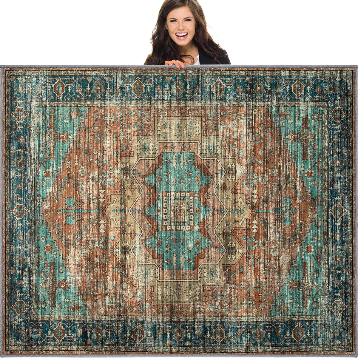 8x10 Vintage Non-Slip Low Pile Area Rug (Brick Red) Q591
