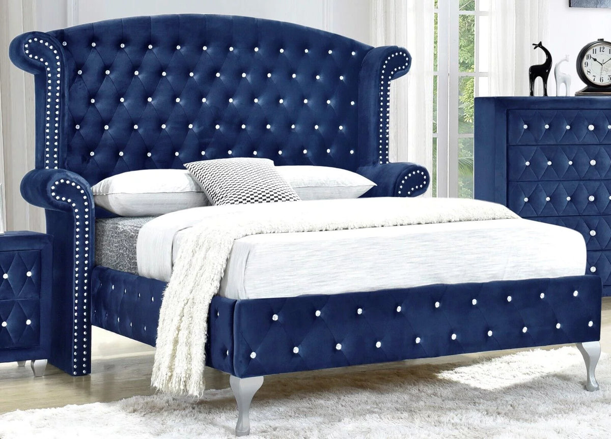 Blue Velvet 6Pc King Size Bed Dresser Mirror Nightstand Chest Set U292555