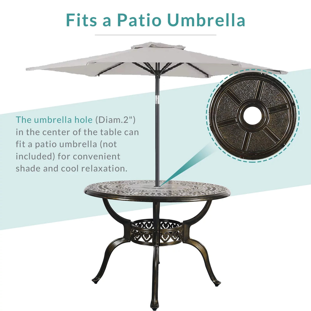 38.5" Round Cast Aluminum Patio Dining Table with Umbrella Hole H67653