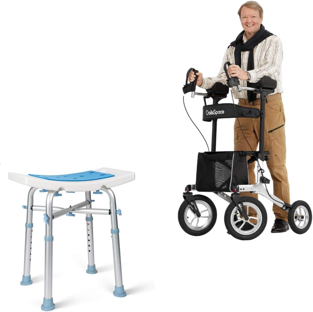 Upright Walker with 12” Pneumatic Wheel and Padded Bath Seat with 6 Height Adjustable Tube S554