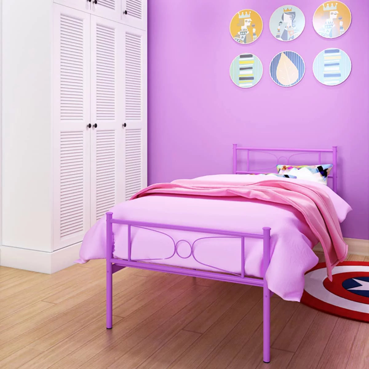 Pink Twin Metal Platform Bed with Headboard and Footboard P4880