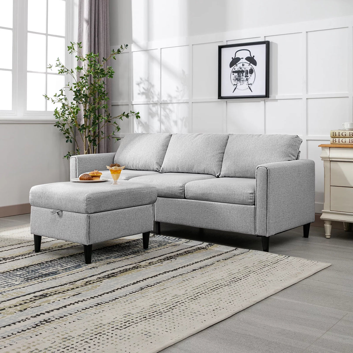 Small Sectional Sofa 3 Seater with Storage Ottoman Light Grey B650