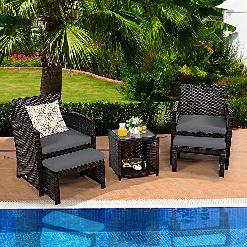 Patio Rattan Conversation Set with Cushioned Chair & Ottoman & Tempered Glass Coffee Table H820