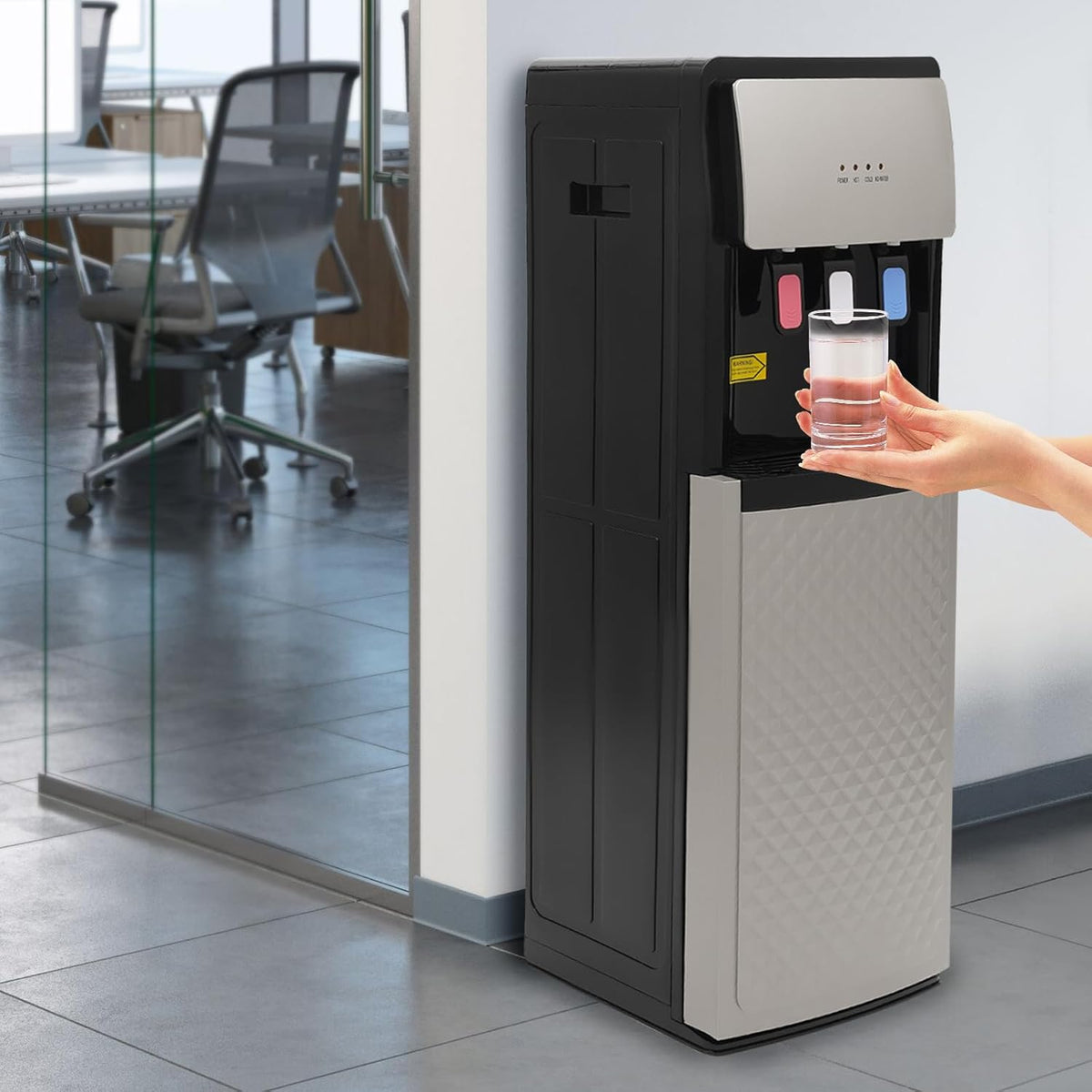 Silver Grey Hot & Cold Water Cooler Dispenser with Storage Cabinet and Child Safety Lock Y52728