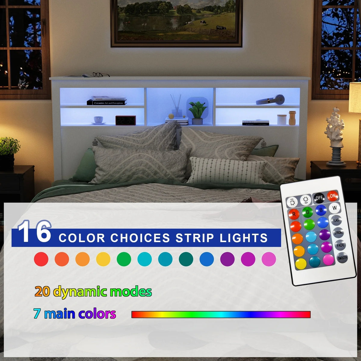 65"W Wooden Bookcase Headboard With Light O3892