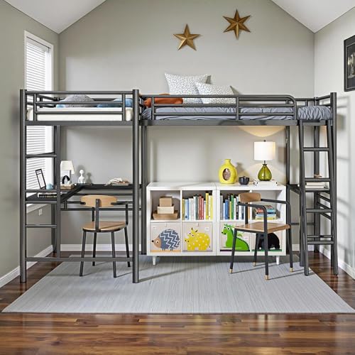 Black Twin Size L-Shaped Metal Loft Bed with 2 Built-in Desks and 2 Ladders Q81447