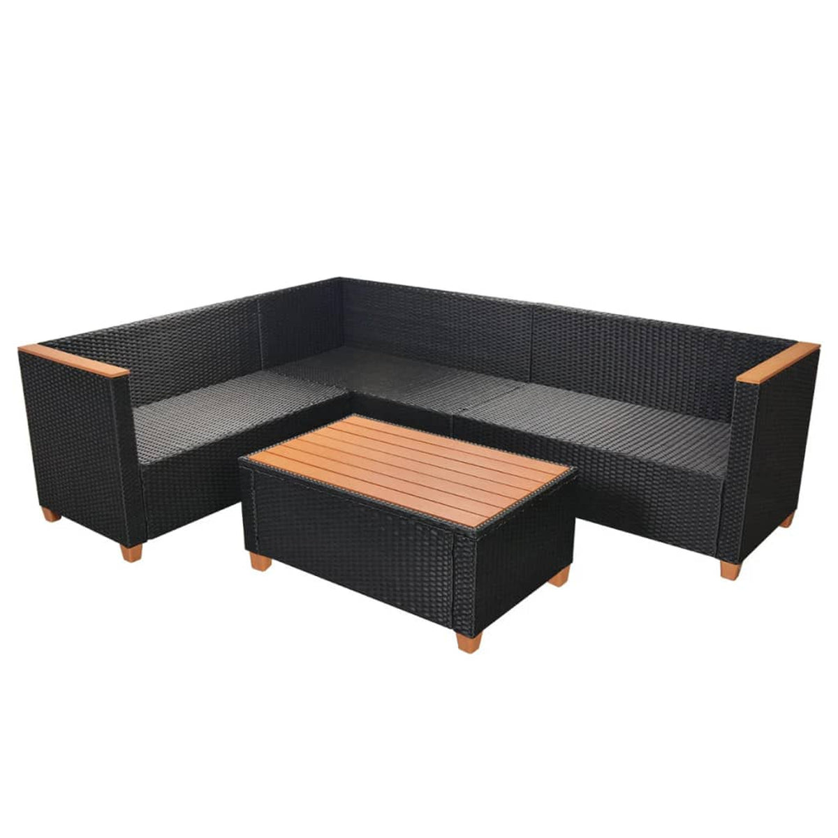 4 Piece Patio Lounge Set with White Cushions Black Poly Rattan 2-Seater Sofas with Corner Sofa and Coffee Table K10866