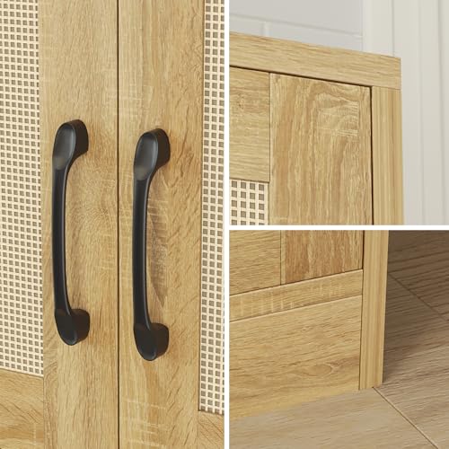 67" Tall Oak Rattan Storage Cabinet with Doors and Adjustable Shelves N807223