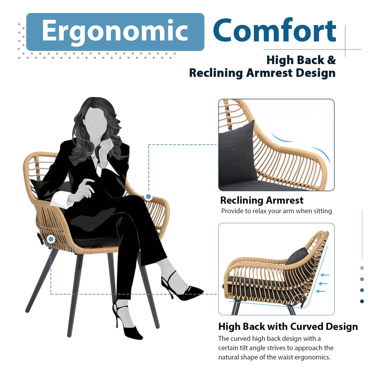 Black Wicker Patio Dining Chairs Set of 2 with Cushions G536