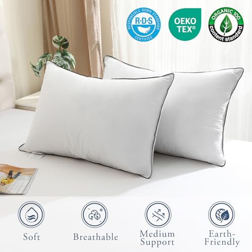 Medium Firm Goose Down king size pillows set of 2, 1000TC Organic Cotton Cover, Polyester 20"x36" E98619