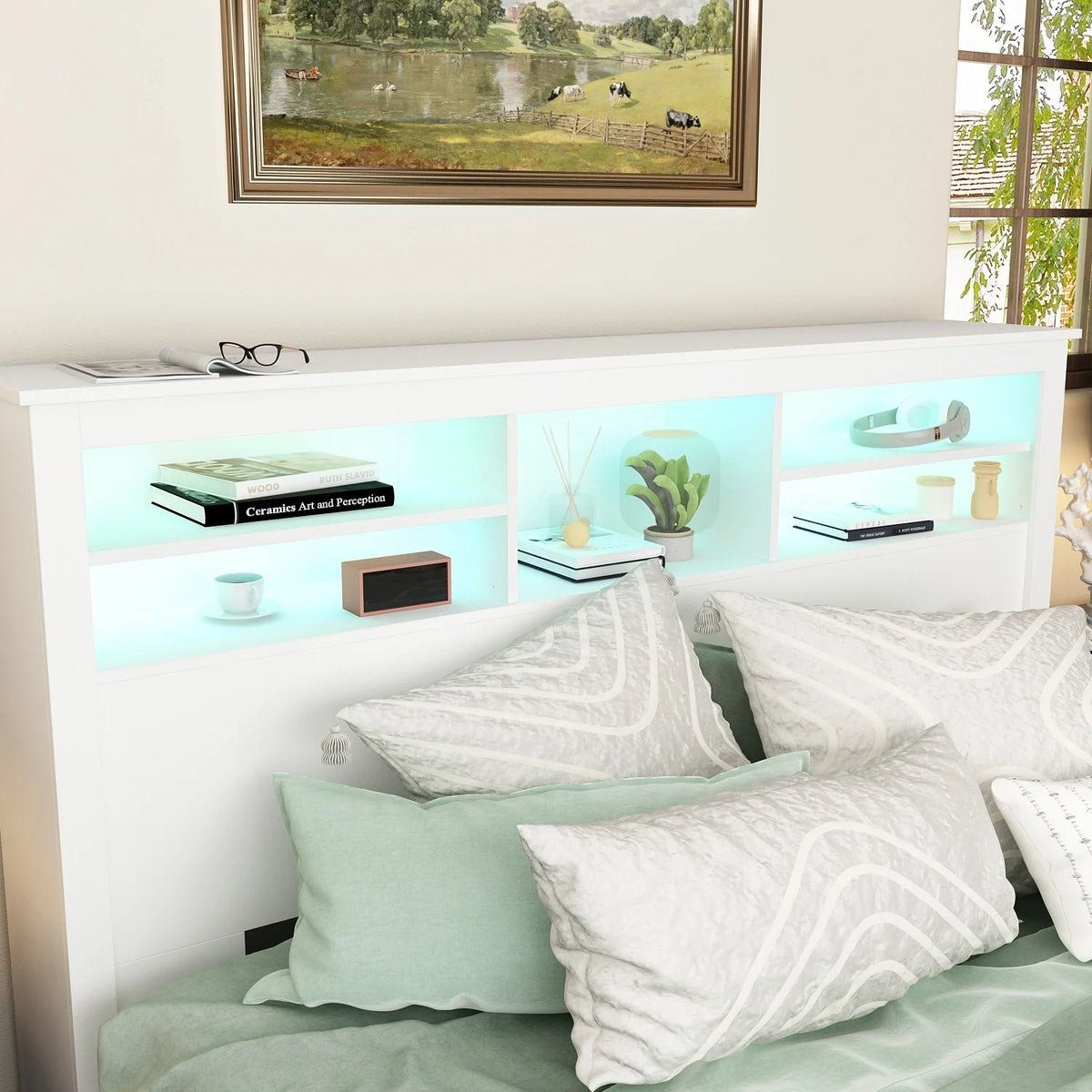 65"W Wooden Bookcase Headboard With Light O3892