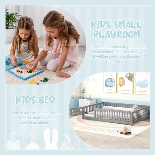 Gray Solid Wooden Kid Toddler Floor Bed with Safety Fence and Door C93315