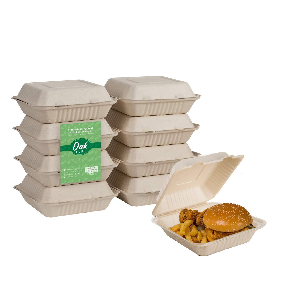 9 inch Compostable Disposable Sugarcane Clamshell Containers, 300 Pack W465227