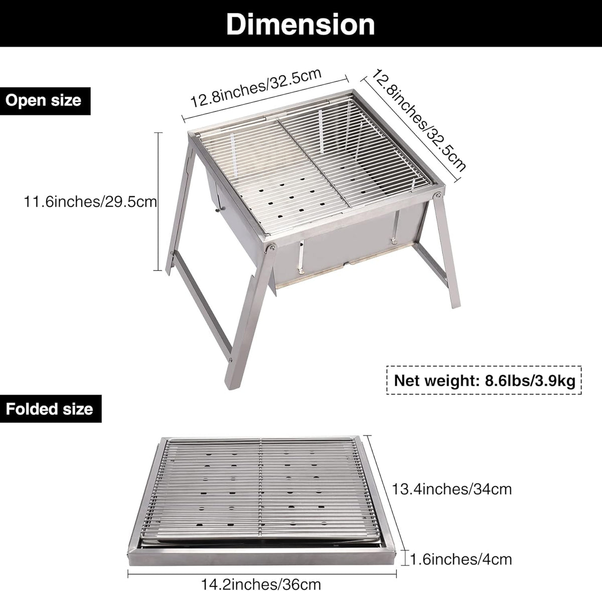 Portable Folding Stainless Steel Charcoal Grill and Fire Pit with Carry Bag I768905