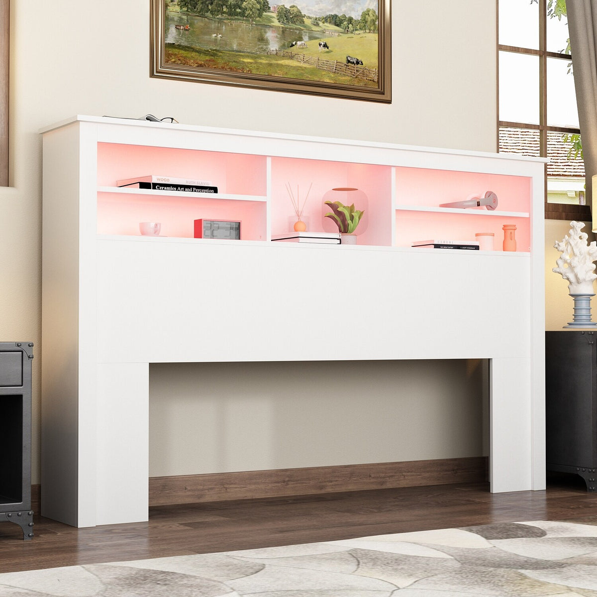 65"W Wooden Bookcase Headboard With Light O3892